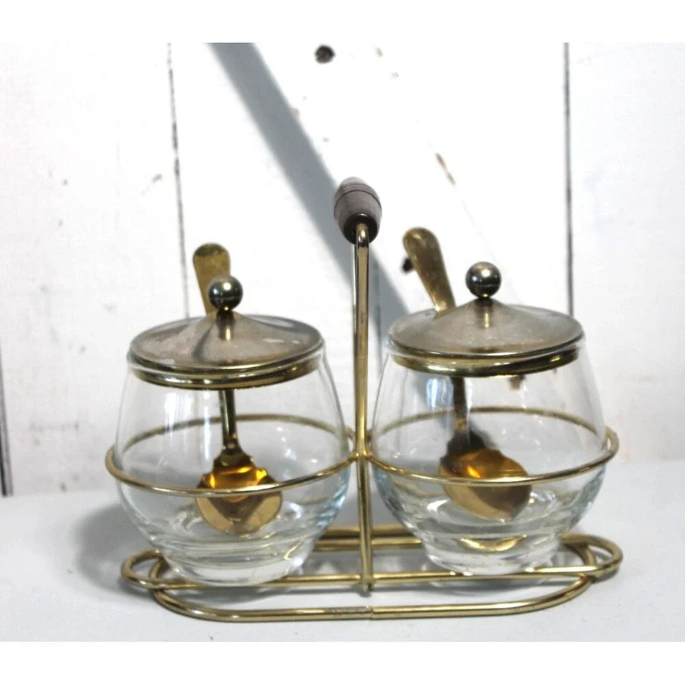 Mid Century Condiment Set Wire Rack Libby Glass Lid/Spoons, Jam, Relish Sauces
